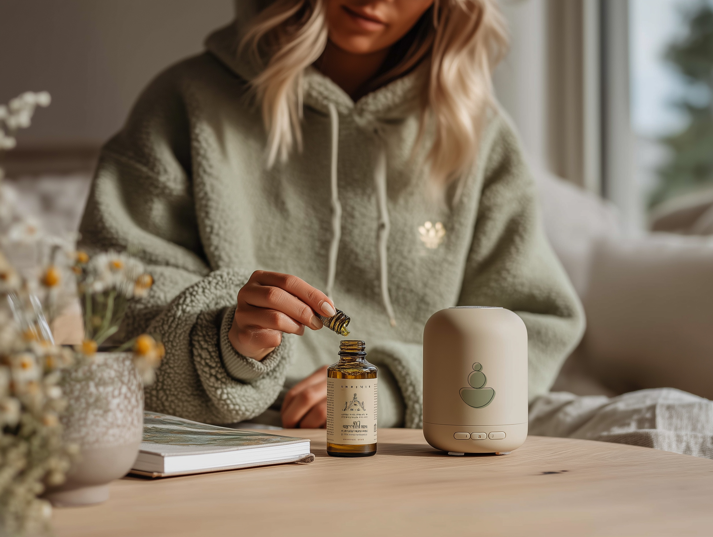 Mujer en calma usando un aceite esencial junto a un difusor